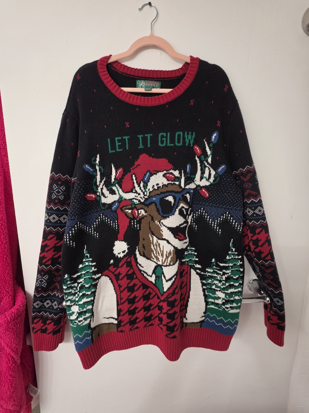 Ugly Christmas Sweater Black Red Green "Let It Glow" Reindeer Crewneck XXL XMAS
